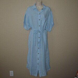 NWT $308 Sz M Velvet Graham & Spencer Blue Linen Sandra Short Sleeve MIDI Dress